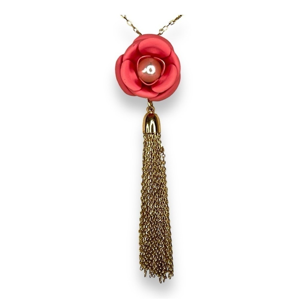 GOLD ROSE TASSEL NECKLACE FAUX PEARL ACCENT